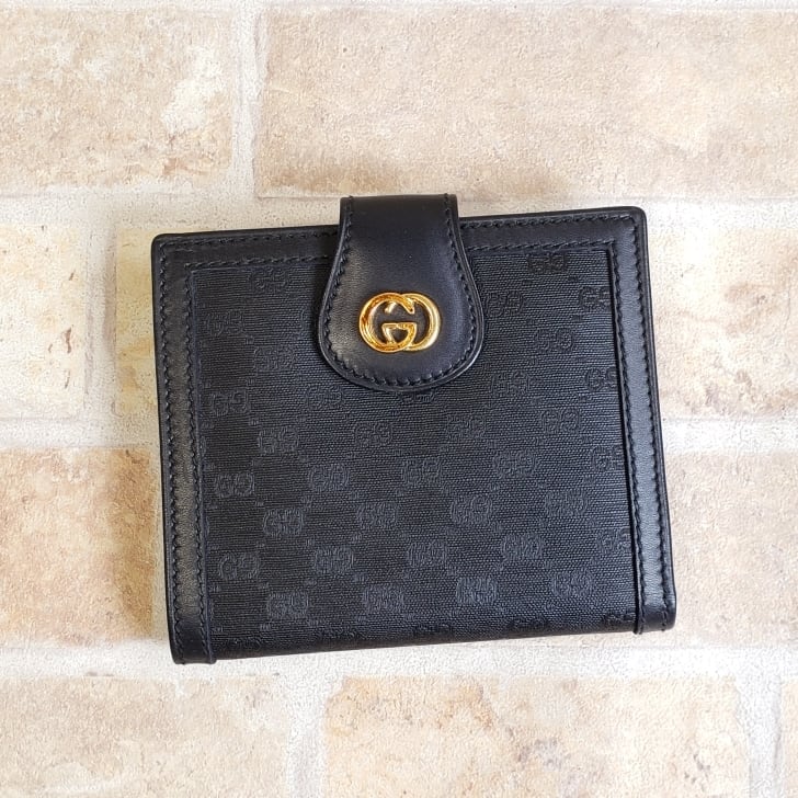 美品 オールドグッチ ☆ ヴィンテージ GG柄キャンバス レザー 折財布