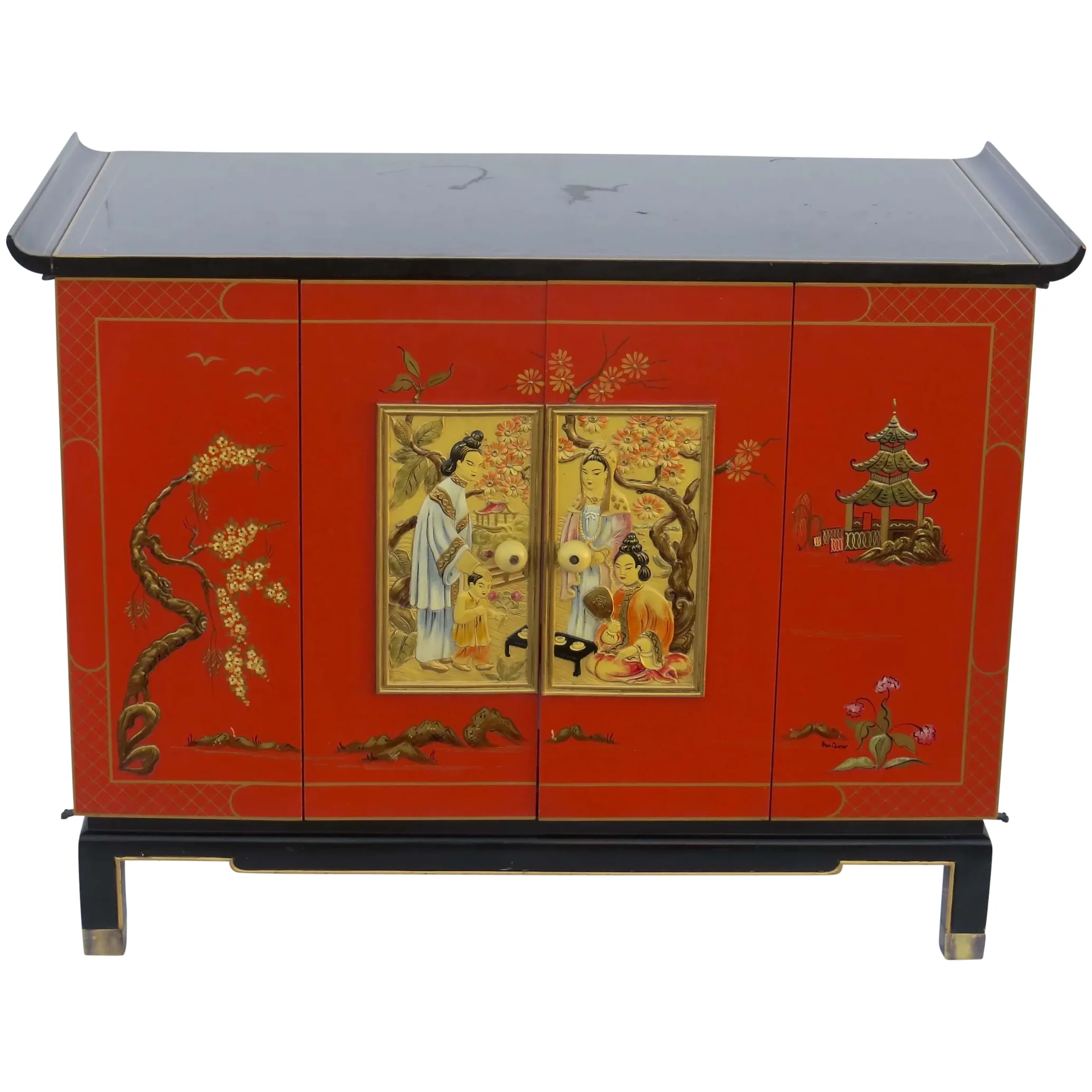 1960s Asian Chinoiserie Modern Zenith TV Cabinet Red. For Sale at