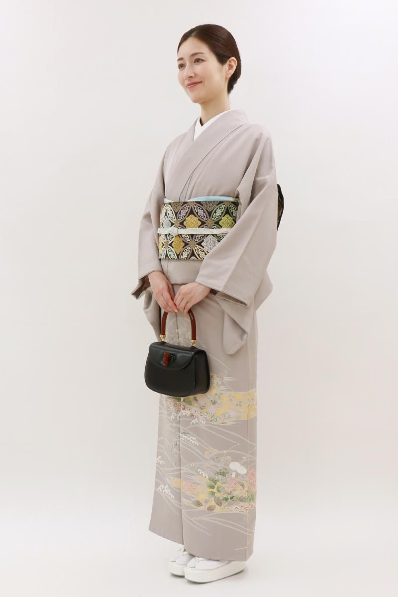 銀座【B-3879】染一ッ紋 色留袖 グレー系 波に秋草文 :身丈161.5/裄