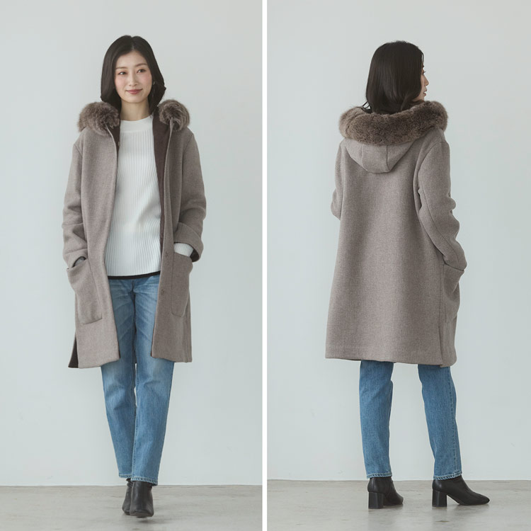 日本製 ロングコート タスマニアリバーウール フォックスファーフード