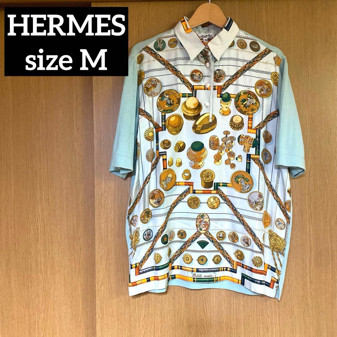 【送料無料】 HERMES エルメス シルク スカーフ柄 切替ポロシャツ M 中古・古着通販】HERMES (エルメス) シルクスカーフ切替ニット