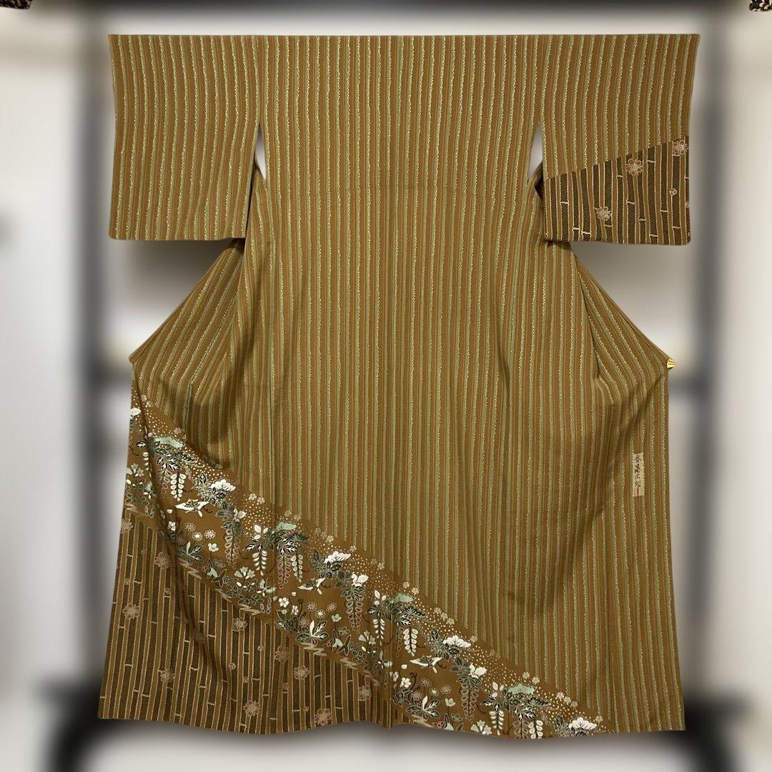 No.2963 正絹作家物(二代目清次郎)金彩縦縞訪問着　落款　美品 No.2963 正絹作家物(二代目清次郎)金彩縦縞訪問着 落款 美品