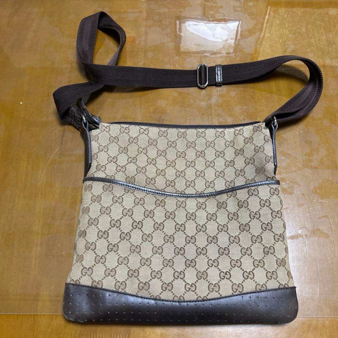 グッチ GG柄 ショルダーバッグ キャンバス レザー ベージュ ブラウン GGシャドウ ミニバケット ショルダーバッグ キャンバス レザー